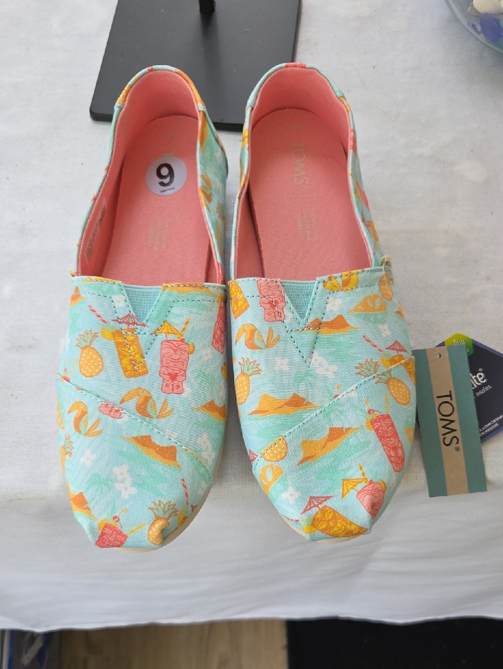 TOMS Mint Tropical Print Slip-On Flats with Coral Interior